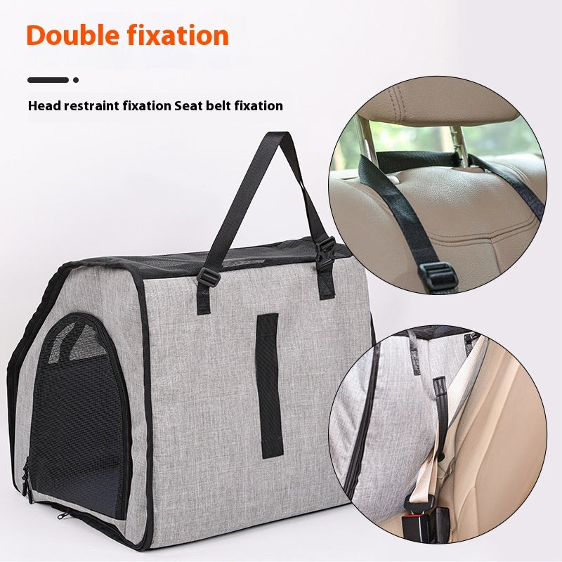 Gray pet car crate with seat-belt strap attachment and double fixation points