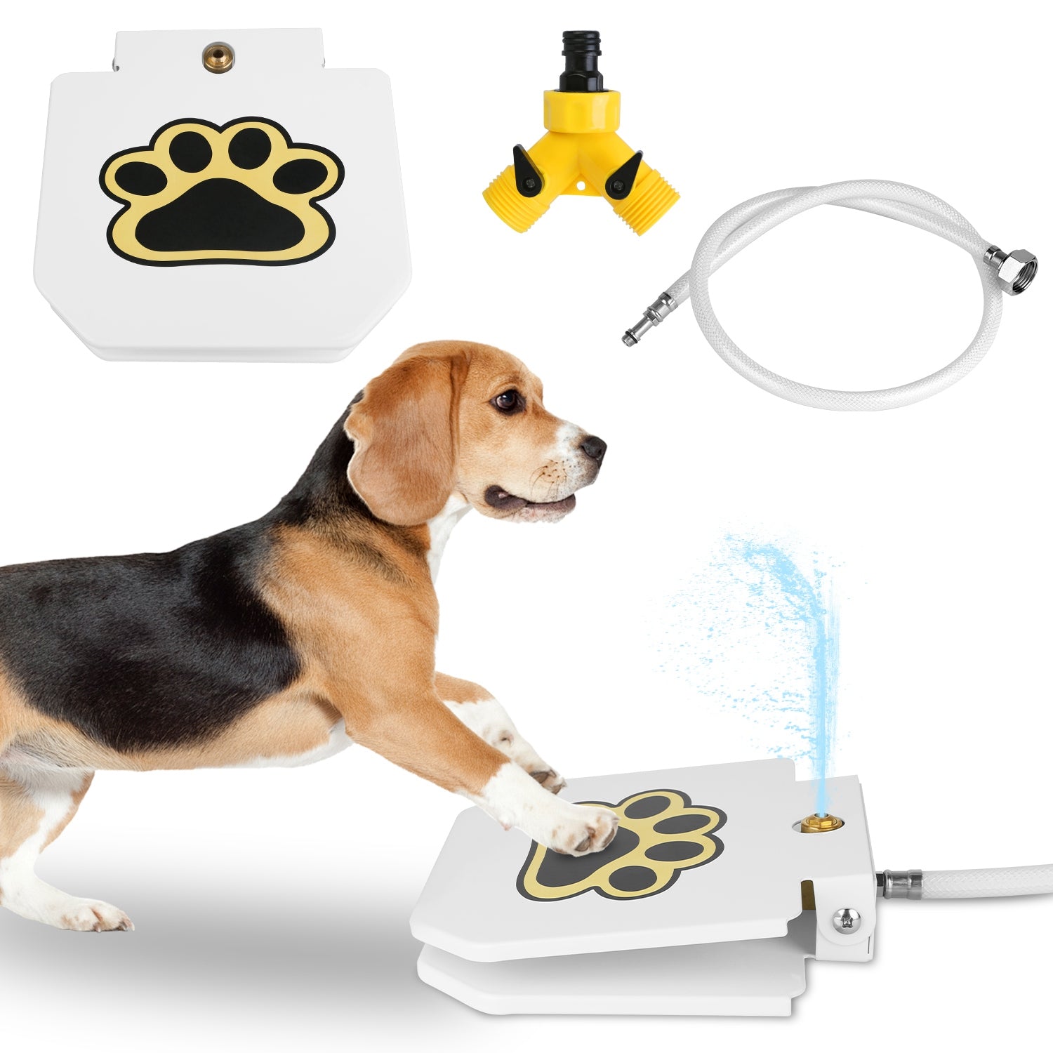 White step-on dog water fountain with paw print pedal and outlet hose