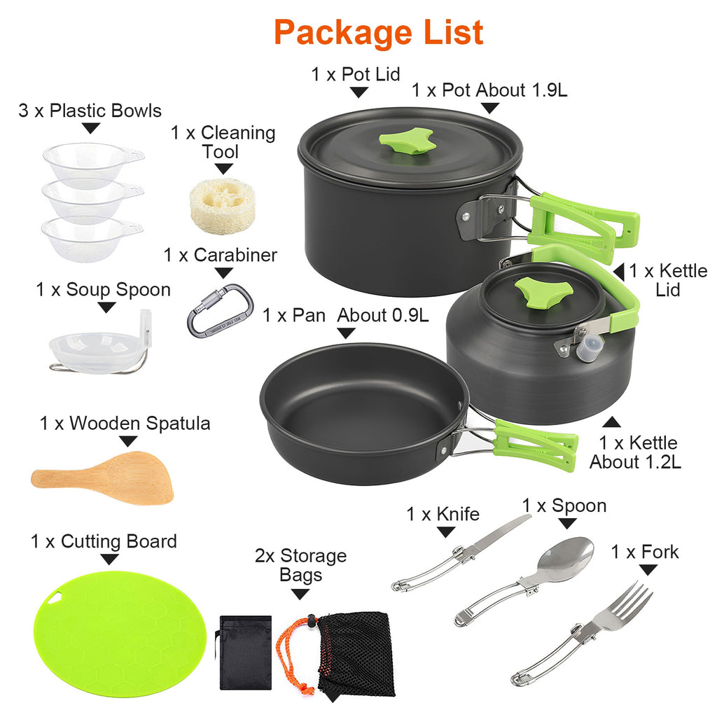 Cookware kit contents: pot, pan, kettle with lids, bowls, utensils, cutting board, and storage bag