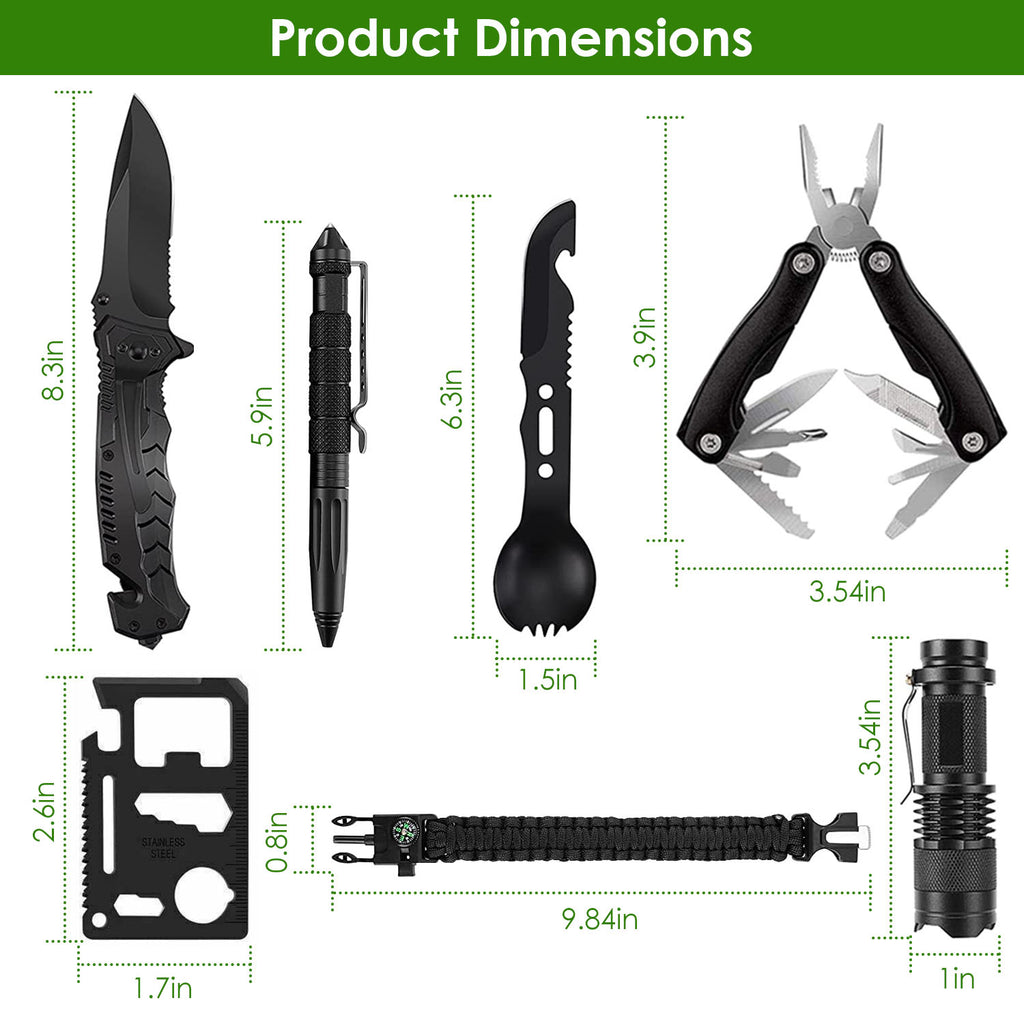 Survival tool kit dimensions showing knife, multitool card, pliers, and flashlight