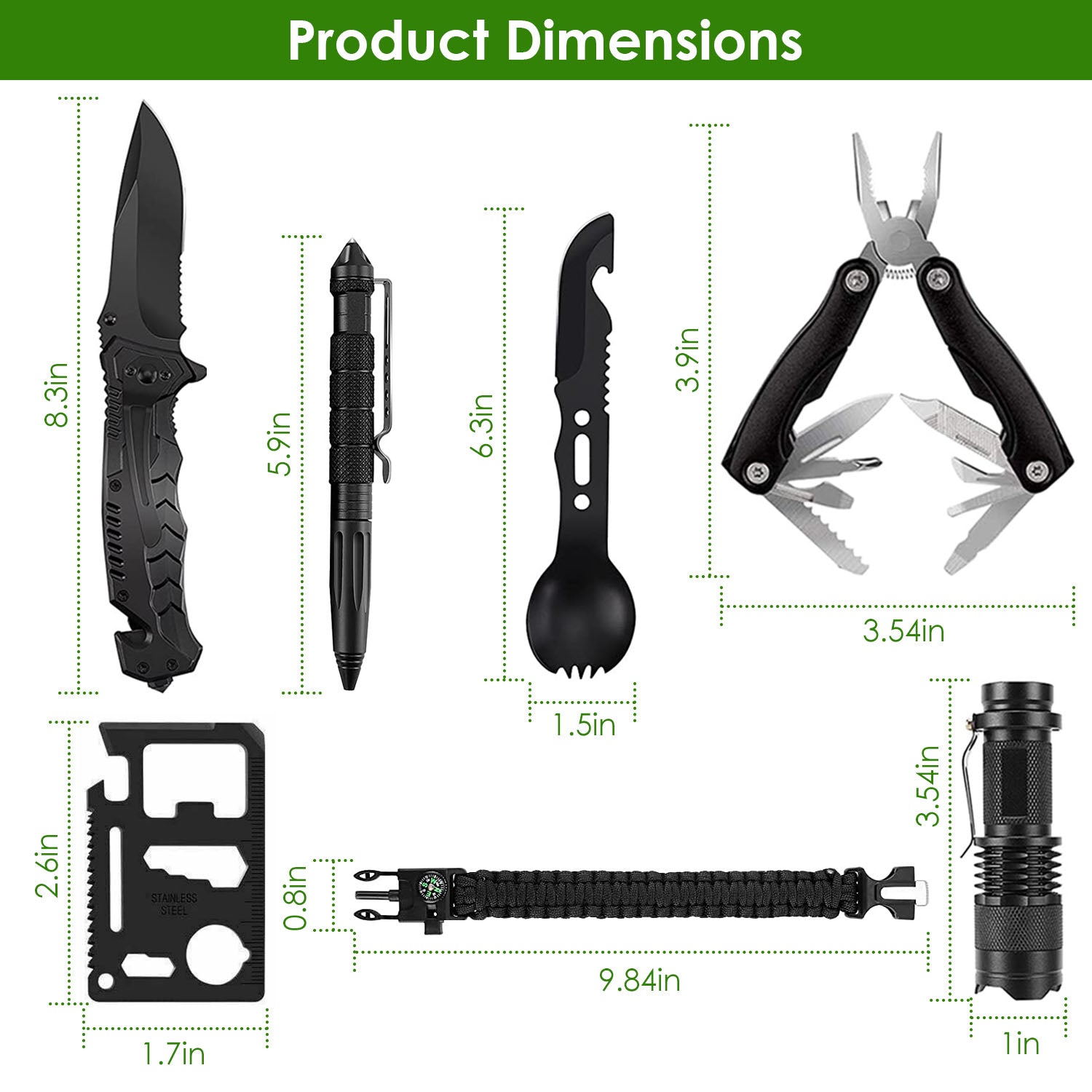 Survival tool kit dimensions showing knife, multitool card, pliers, and flashlight