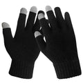 Black knit pair of touchscreen gloves with three-finger fingertips and ribbed cuffs.