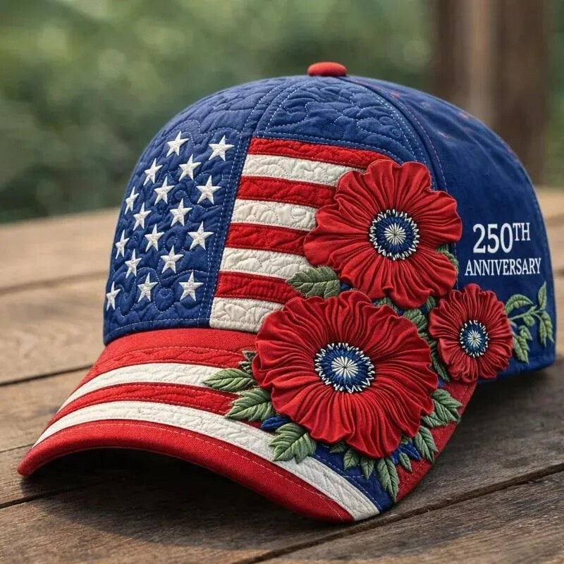 Navy baseball cap with stars-and-stripes patch and red 3D floral embroidery, “250th Anniversary”