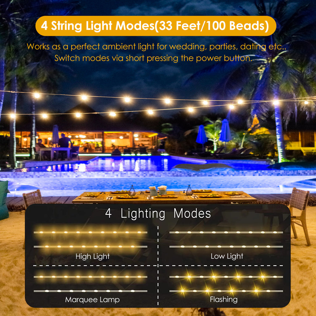 Warm LED string light with four brightness lighting modes displayed