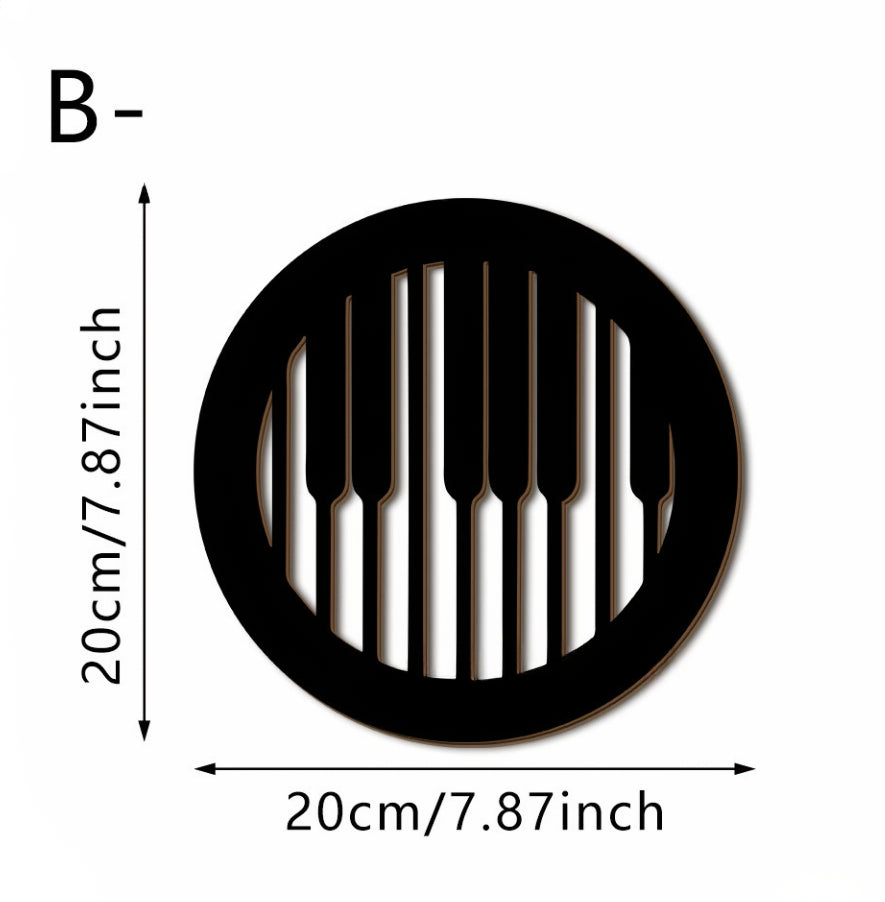 Round wooden wall plaque with piano-key music note icon, 20cm size shown