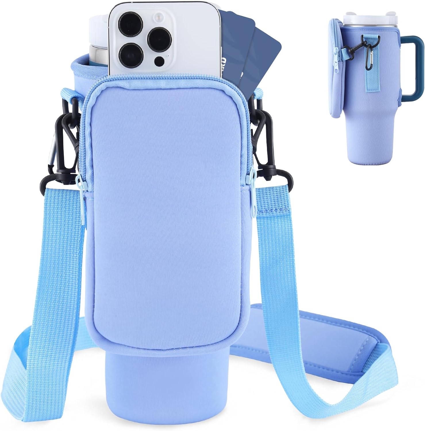 Neoprene tumbler holder bag with zip front pocket and adjustable strap, light blue
