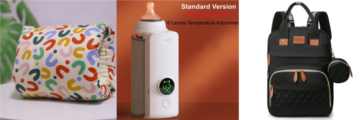 Baby bottle warmer in standard version, plus bottle warmer variants shown side by side
