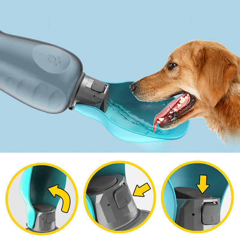 Foldable dog water bottle with bowl, grey body and teal spout near a dog’s mouth