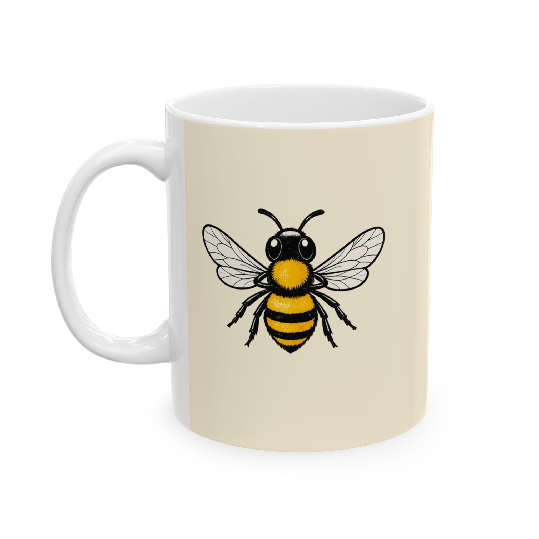Beige ceramic mug with cartoon bee illustration in yellow and black