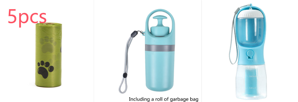 5 green bag rolls and light blue dog poop bag dispenser in a three-view layout