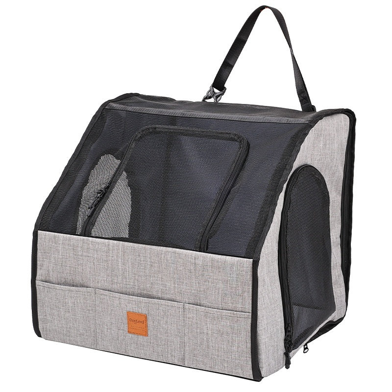 Gray pet car crate with top handle and large front mesh window panel