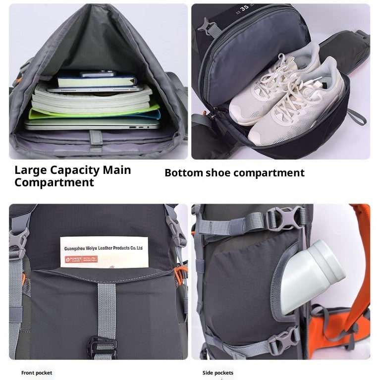 Hiking backpack interior view: main compartment, bottom shoe section, side pockets