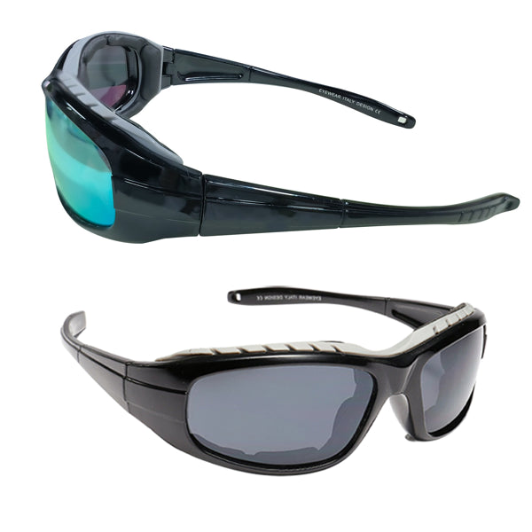 Motorcycle riding glasses with black frame and teal-tinted side lenses