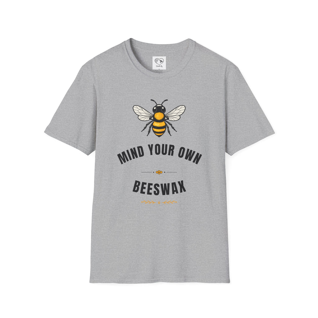 Sport gray t-shirt with bee and “MIND YOUR OWN” and “BEESWAX” typography
