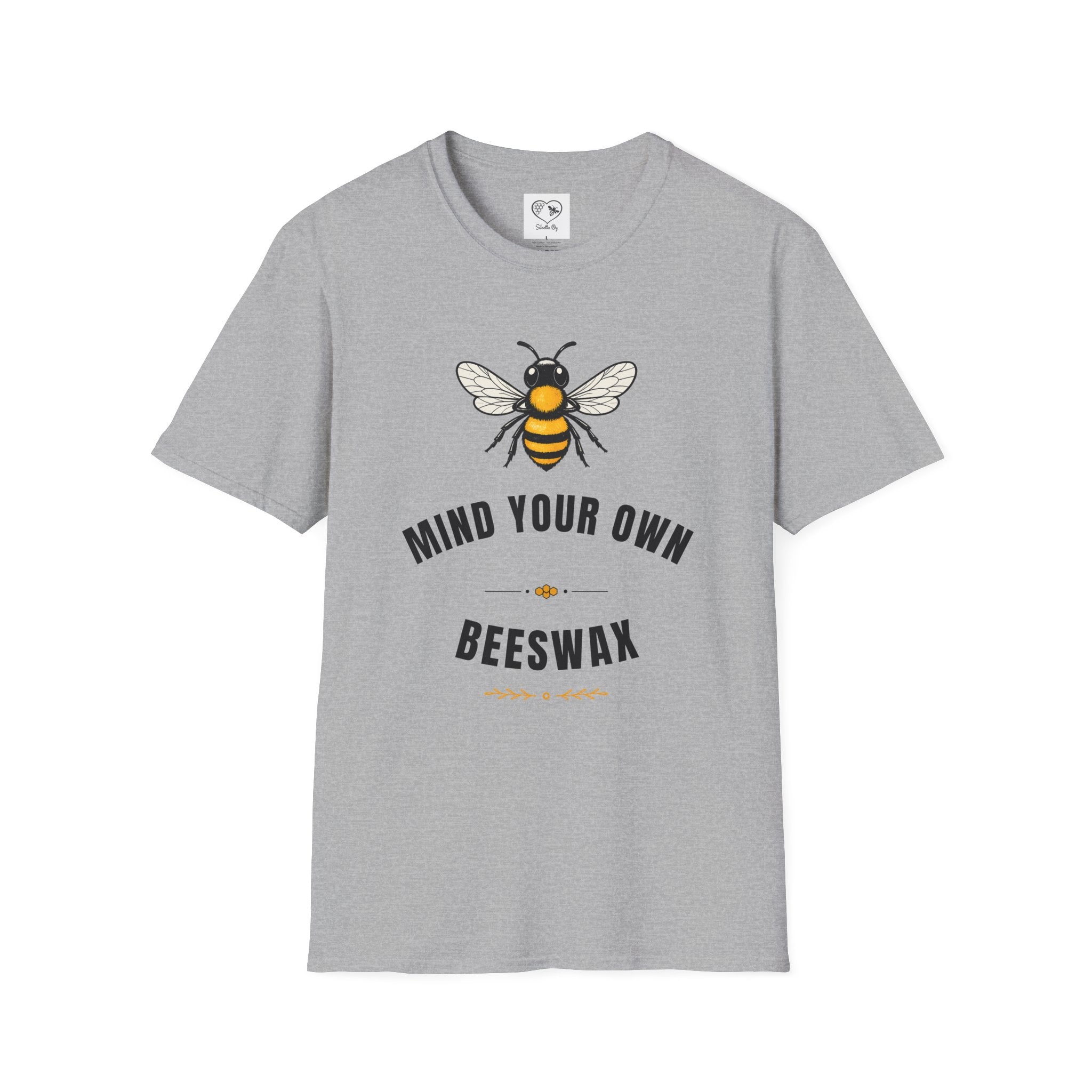 Sport gray t-shirt with bee and “MIND YOUR OWN” and “BEESWAX” typography
