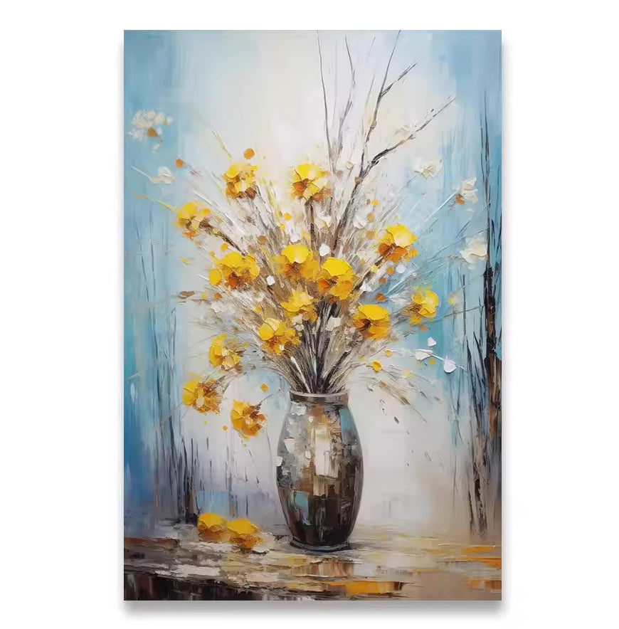 Canvas wall poster with yellow blossoms in a dark vase and airy branches