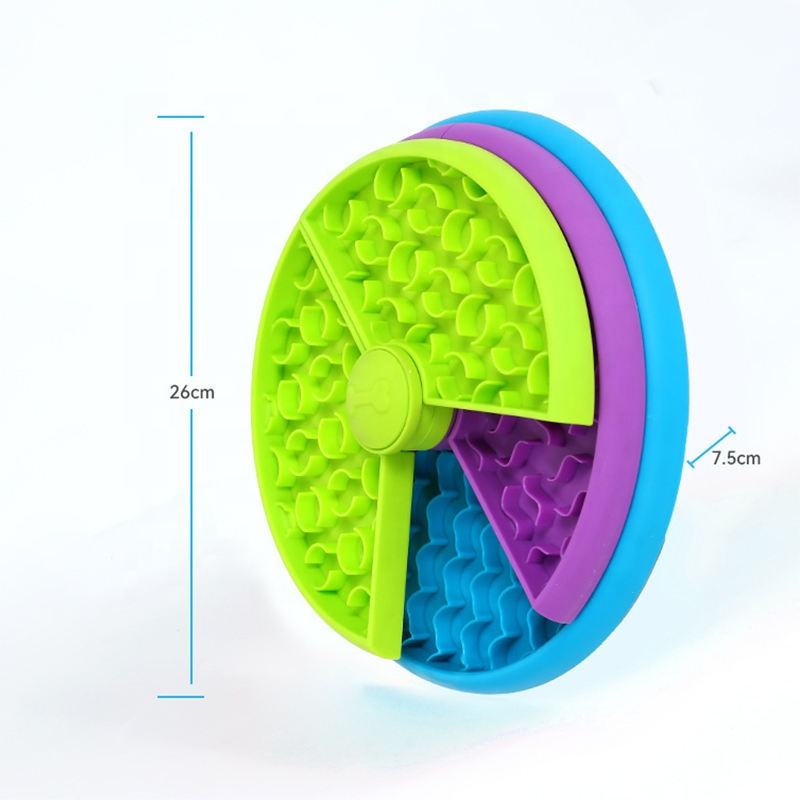 Size-view slow feeder puzzle bowl with green, purple and blue rotating segments