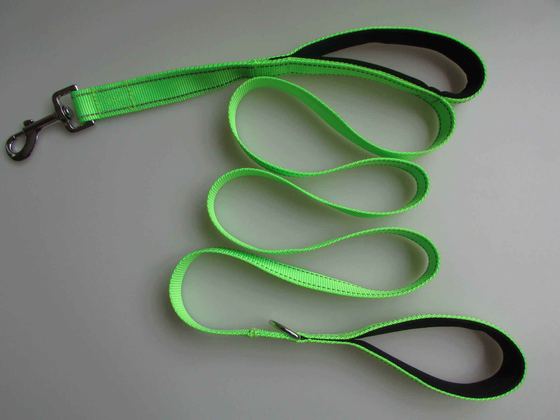 Double-handle dog leash with reflective accents, neon green webbing and loop handles