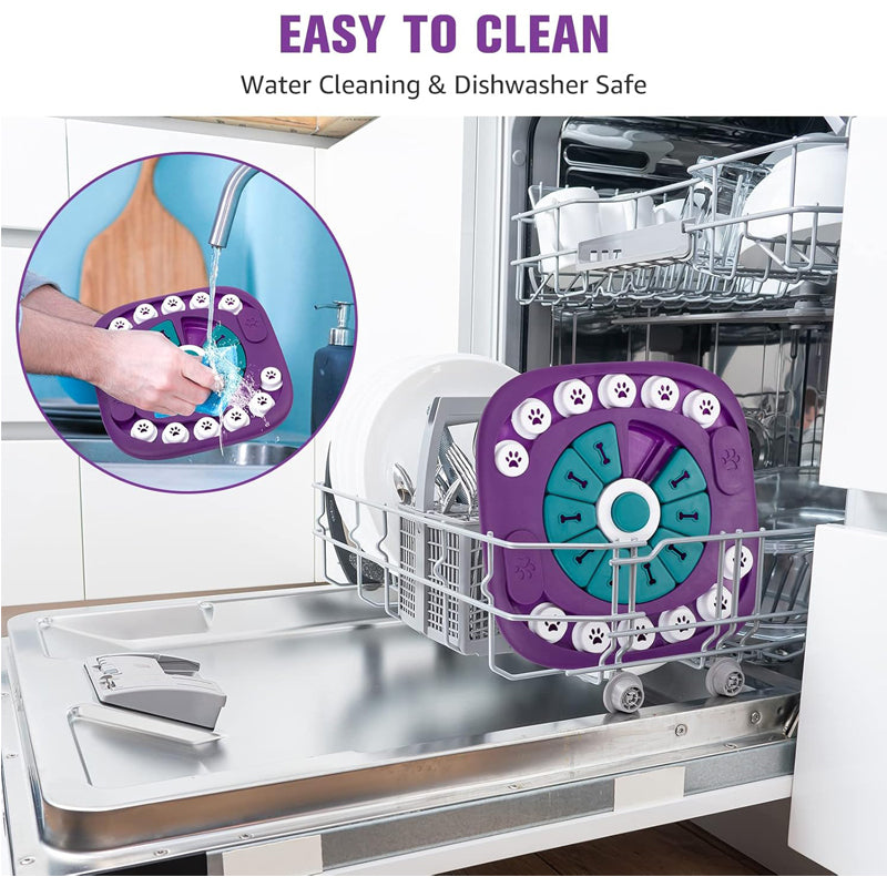 Purple treat puzzle toy in dishwasher with teal center and paw-shaped button tiles