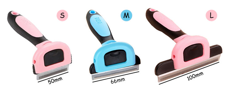 Pet hair removal comb set, blue with pink pads; three sizes shown (S, M, L).