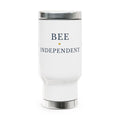 White stainless steel travel mug with Bee Independent text and flat lid