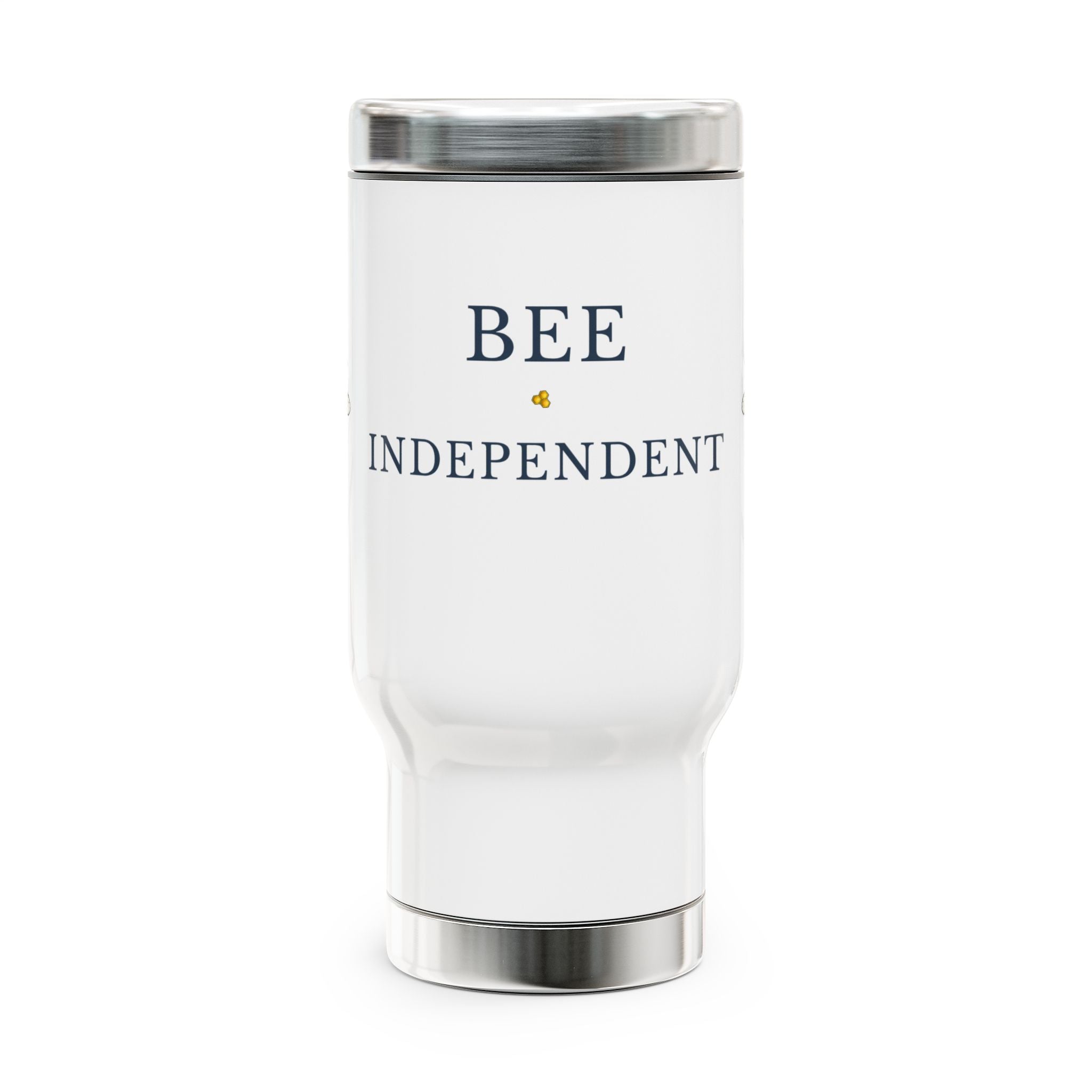 White stainless steel travel mug with Bee Independent text and flat lid