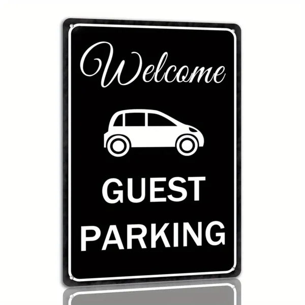 Metal tin sign with 'Welcome' script and 'Guest Parking' text plus car icon, black/white