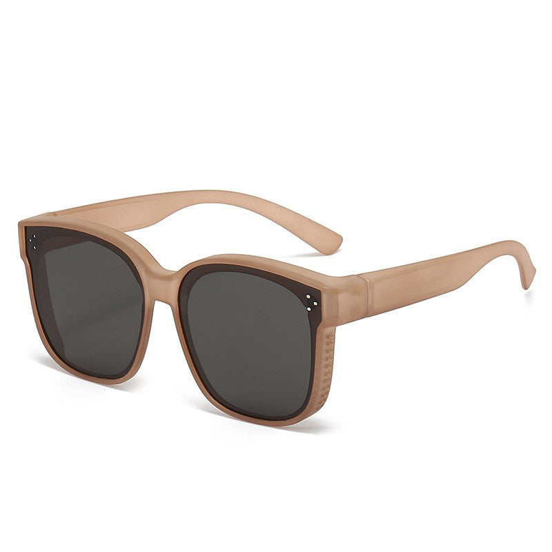 Beige tan polarized mirror sunglasses with dark lenses and flat square frames