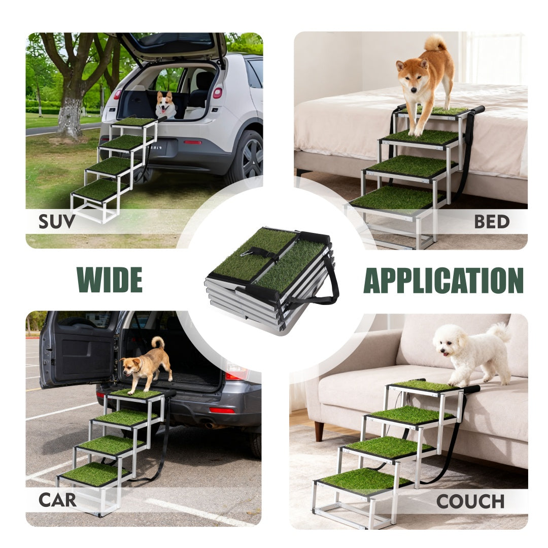 Foldable dog ramp with wide green non-slip steps for car, bed, and couch