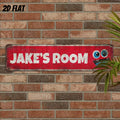 Aluminum decorative sign, red rectangular metal with “JAKE'S ROOM” and blue owl eyes