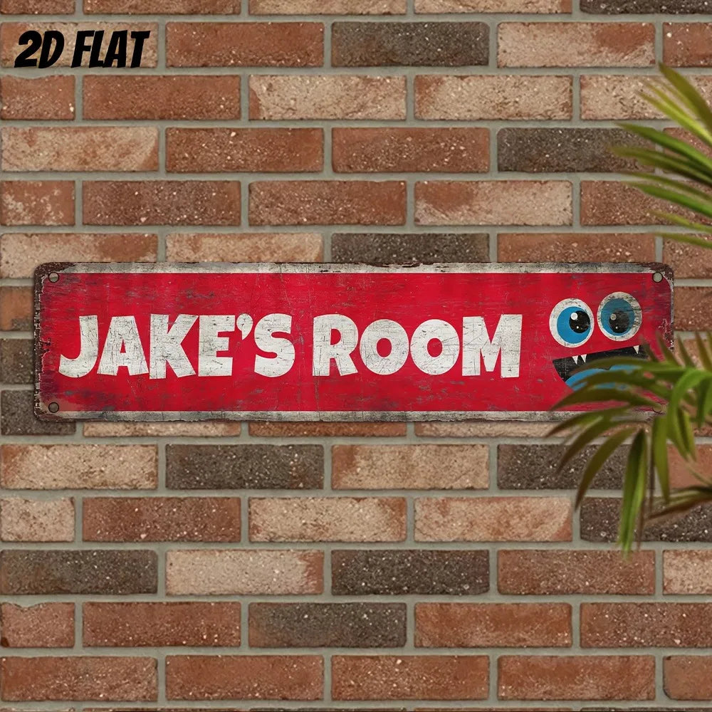 Aluminum decorative sign, red rectangular metal with “JAKE'S ROOM” and blue owl eyes