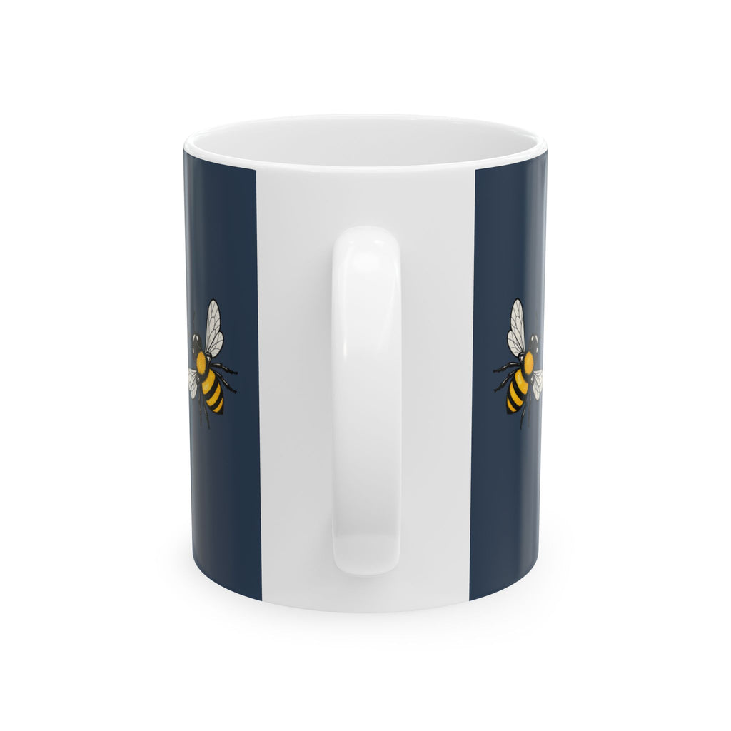 Navy and white mug with vertical hive-bee illustrations on sides