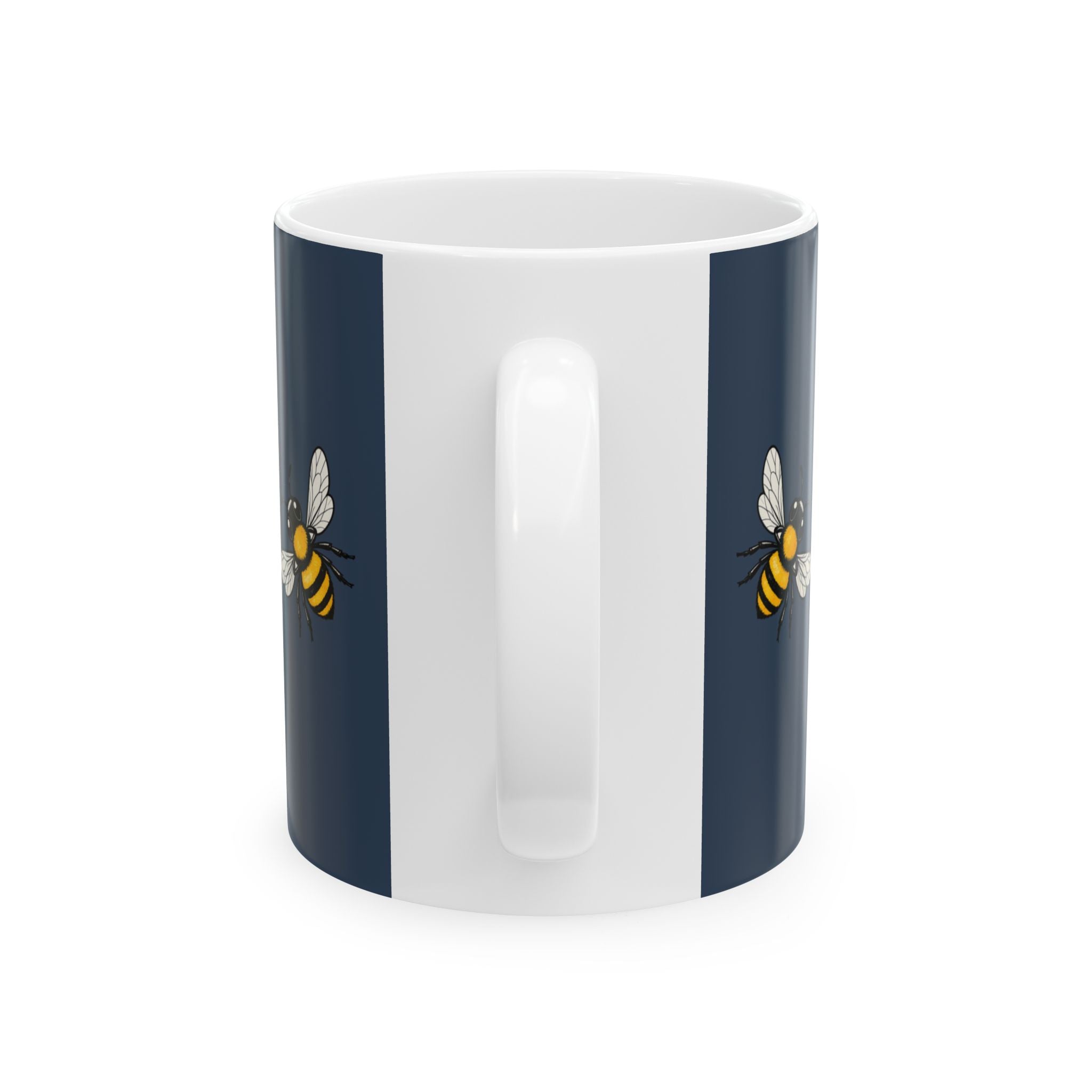 Navy and white mug with vertical hive-bee illustrations on sides