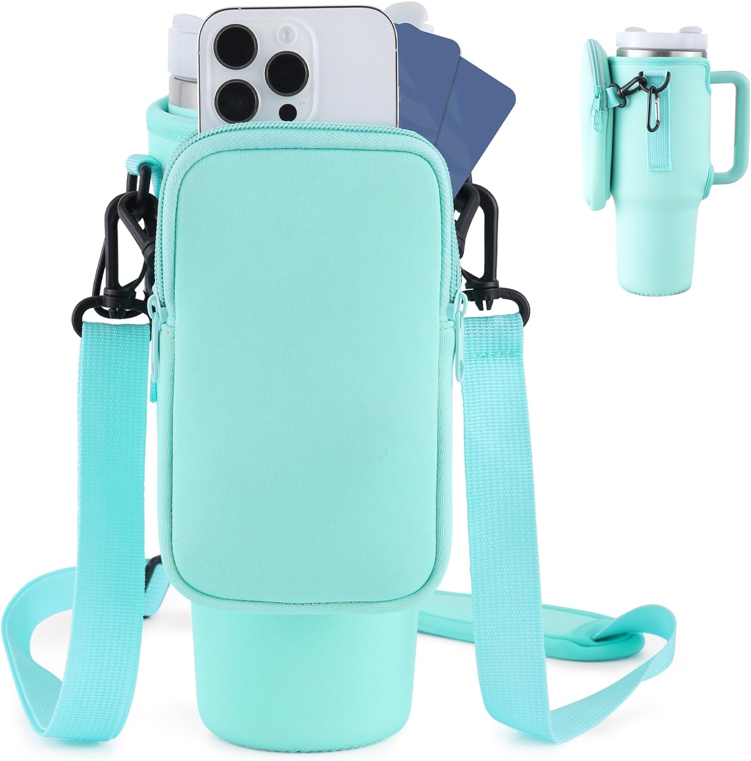 Neoprene tumbler holder bag with zip front pocket and adjustable strap, light teal