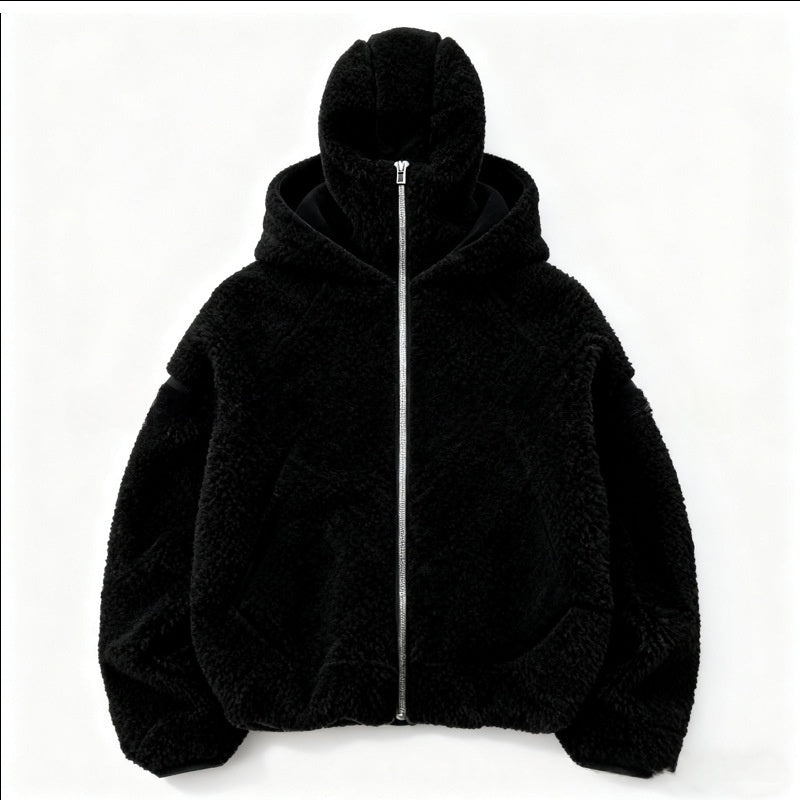Black fleece-lined double hood sweatshirt with full-zip front and high hood