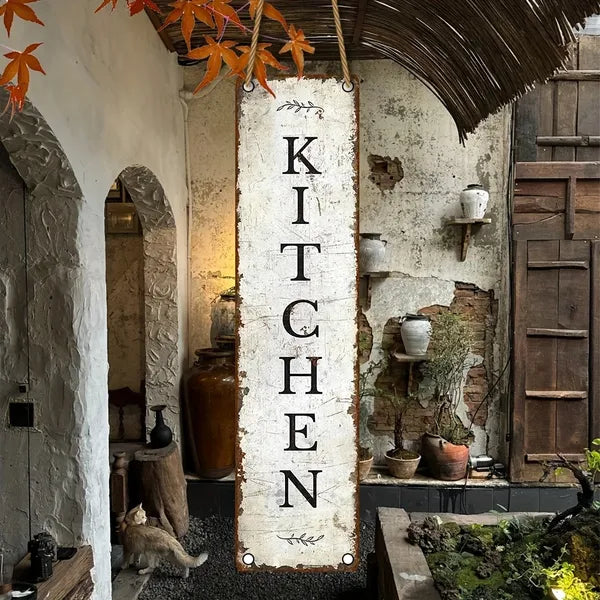 Wooden hanging kitchen sign with distressed white panel and vertical KITCHEN letters, hanging rope