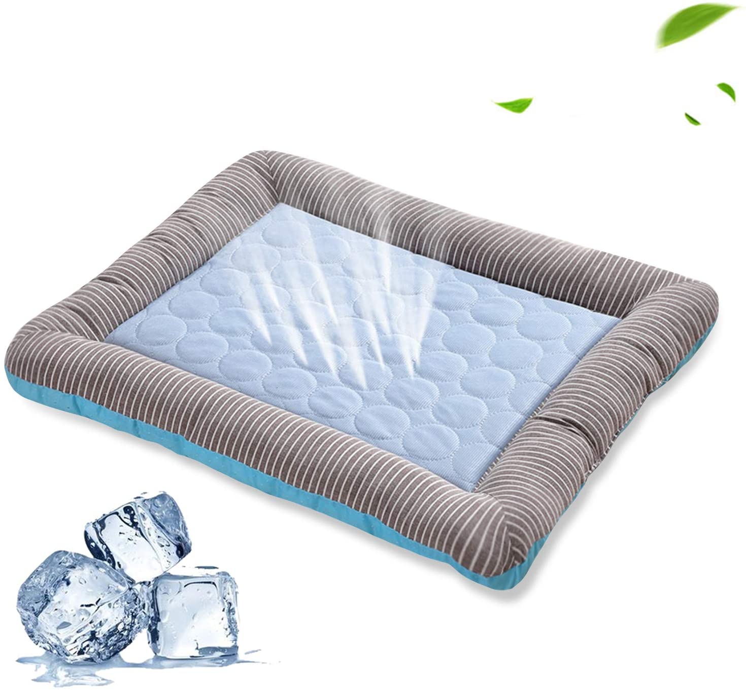 Pet cooling pad bed, blue quilted surface with gray striped edge and padded bolster