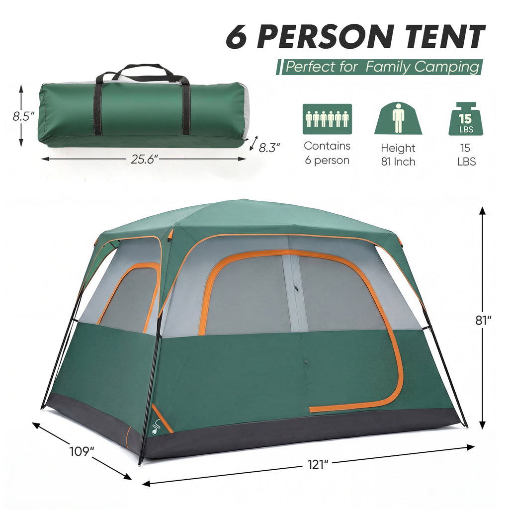 Green 6-person camping tent with orange-trimmed door and front mesh panel