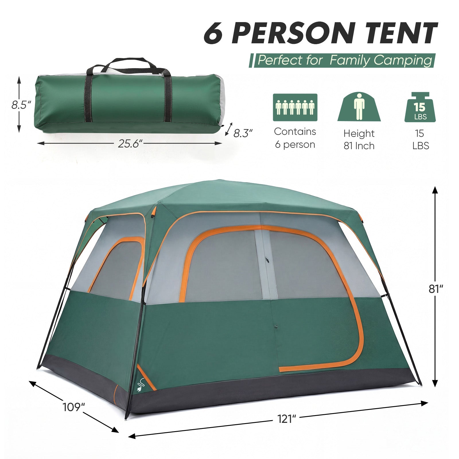 Green 6-person camping tent with orange-trimmed door and front mesh panel
