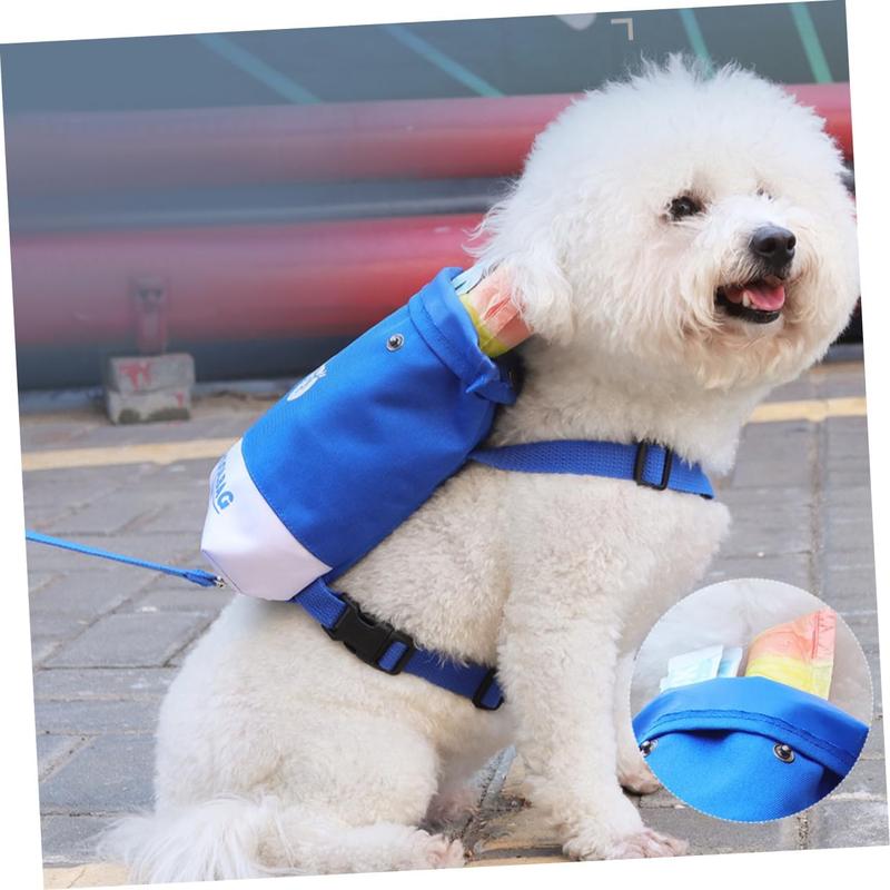 White dog wearing blue self-wearing backpack harness with buckles and attached leash