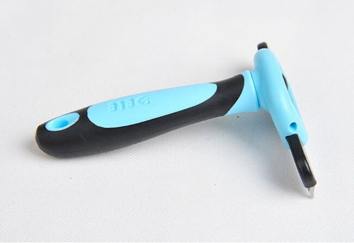 Blue and black pet deshedding comb with metal teeth on a single long handle.