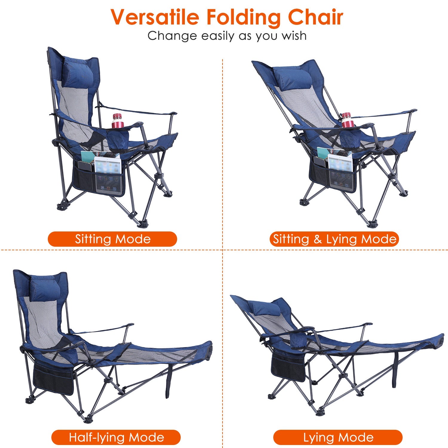 Versatile folding recliner chair shown in multiple positions: sitting and lying down