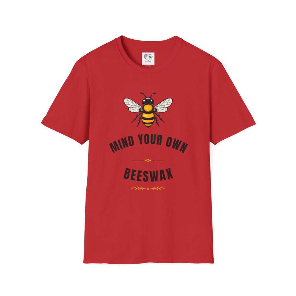 Red T-shirt with vintage bee and arched text graphic, crew neck short sleeves