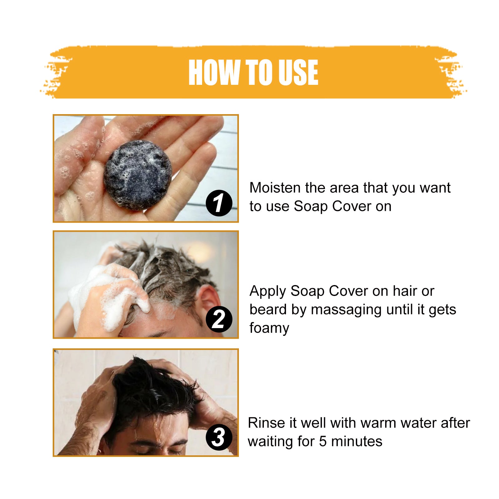 Shampoo bar instructions: lather on hands, apply to hair, rinse after 5 minutes