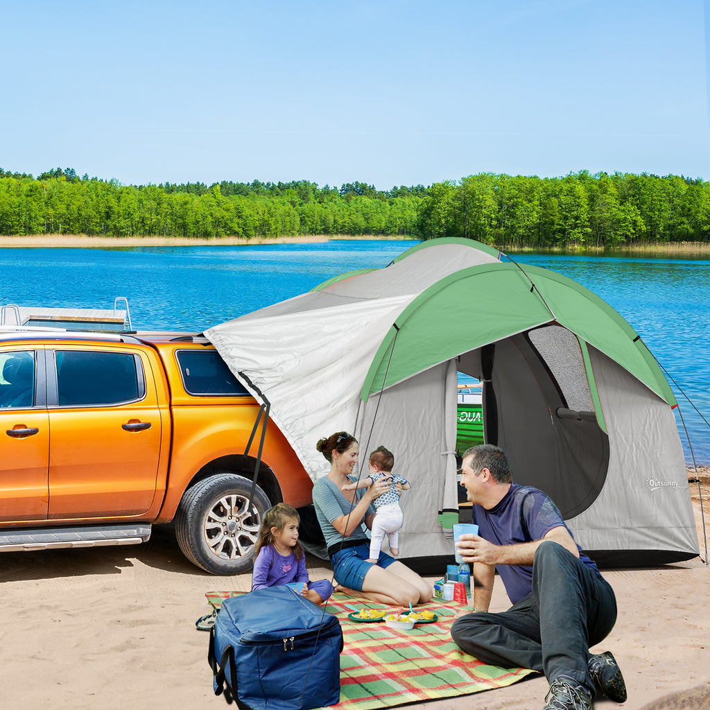 Gray and green SUV car tent with open front canopy and mesh window