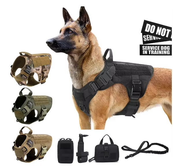 Tactical nylon dog harness in dark color with front chest panel and adjustable straps