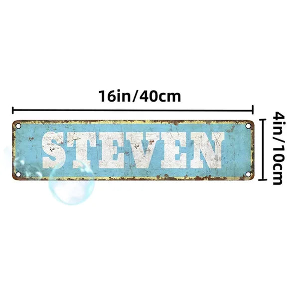 Vintage aluminum name plate sign reading STEVEN, 16in/40cm, metal border.