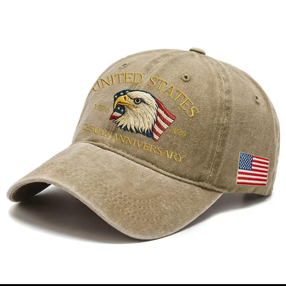 Washed canvas dad hat in khaki with eagle “United States” anniversary graphic and flag patch