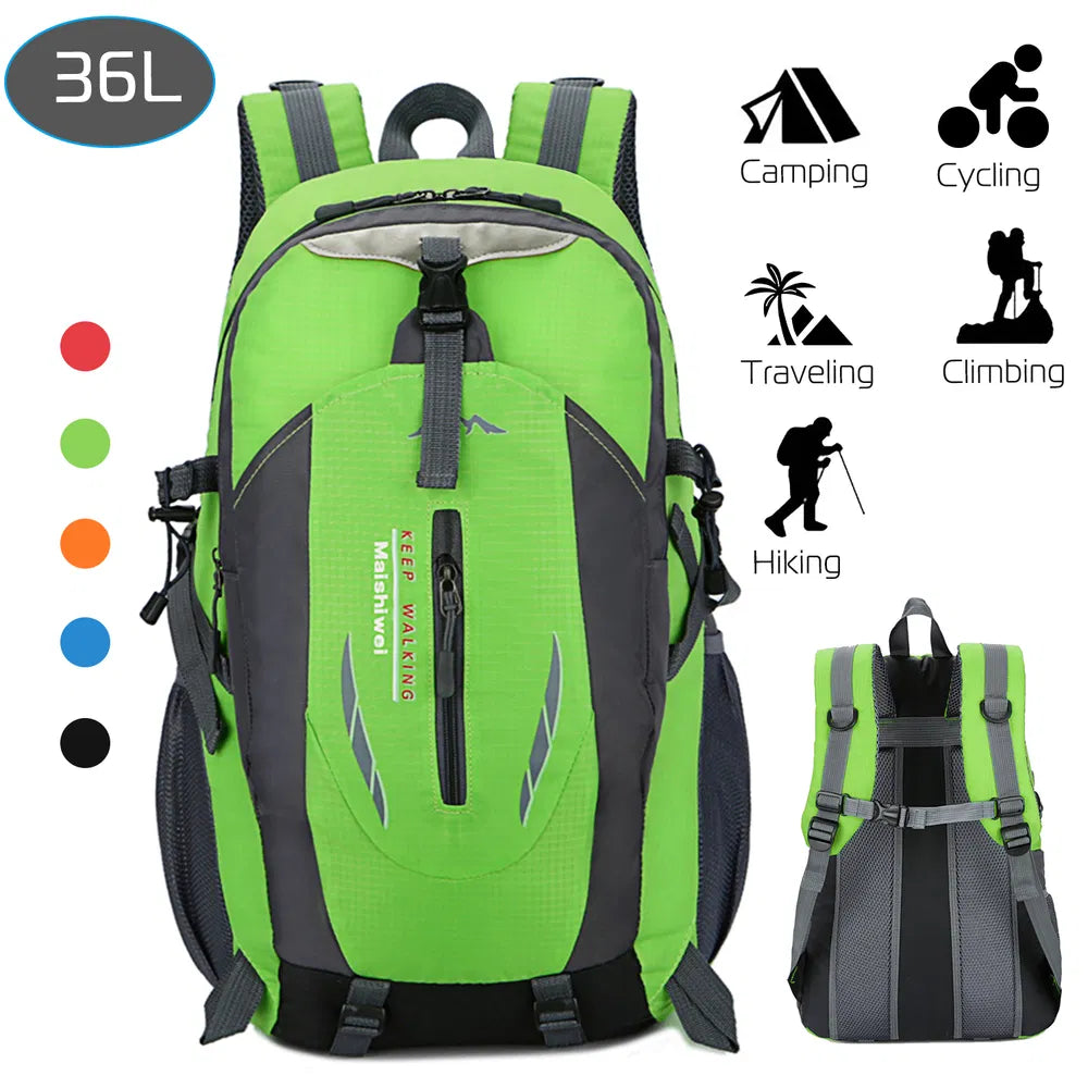 Green and black hiking backpack with front zipper, adjustable straps, and padded back panel