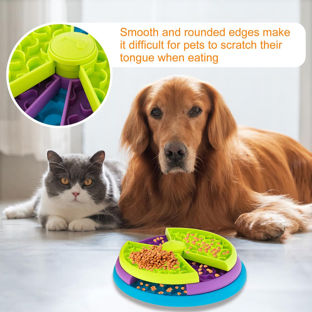 Slow feeder puzzle bowl with smooth rounded edges, green and purple rotating sections